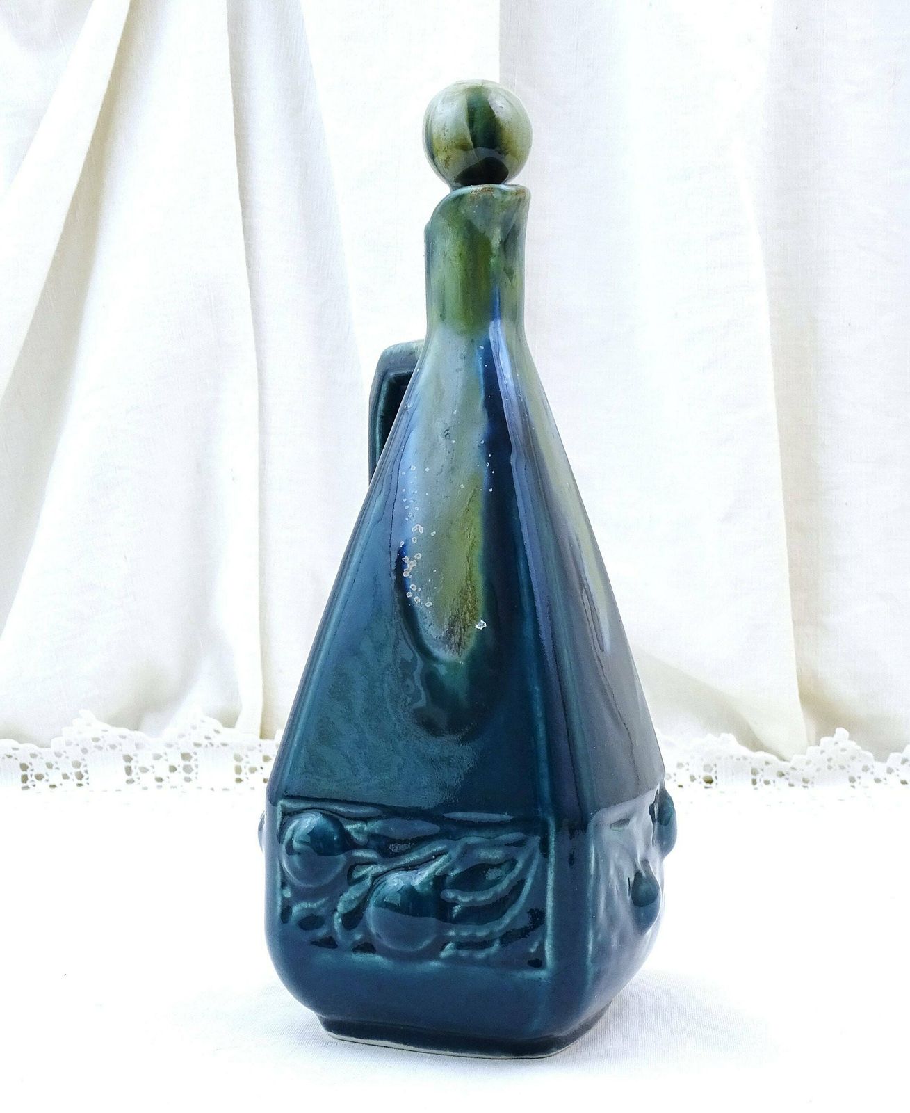 Antique French Denbac Ceramic Art Deco Decanter And Stopper In Blue Drip Glaze, Retro 1930s Pottery Pitcher From France, Teal Blue Jug photo Home Decor
