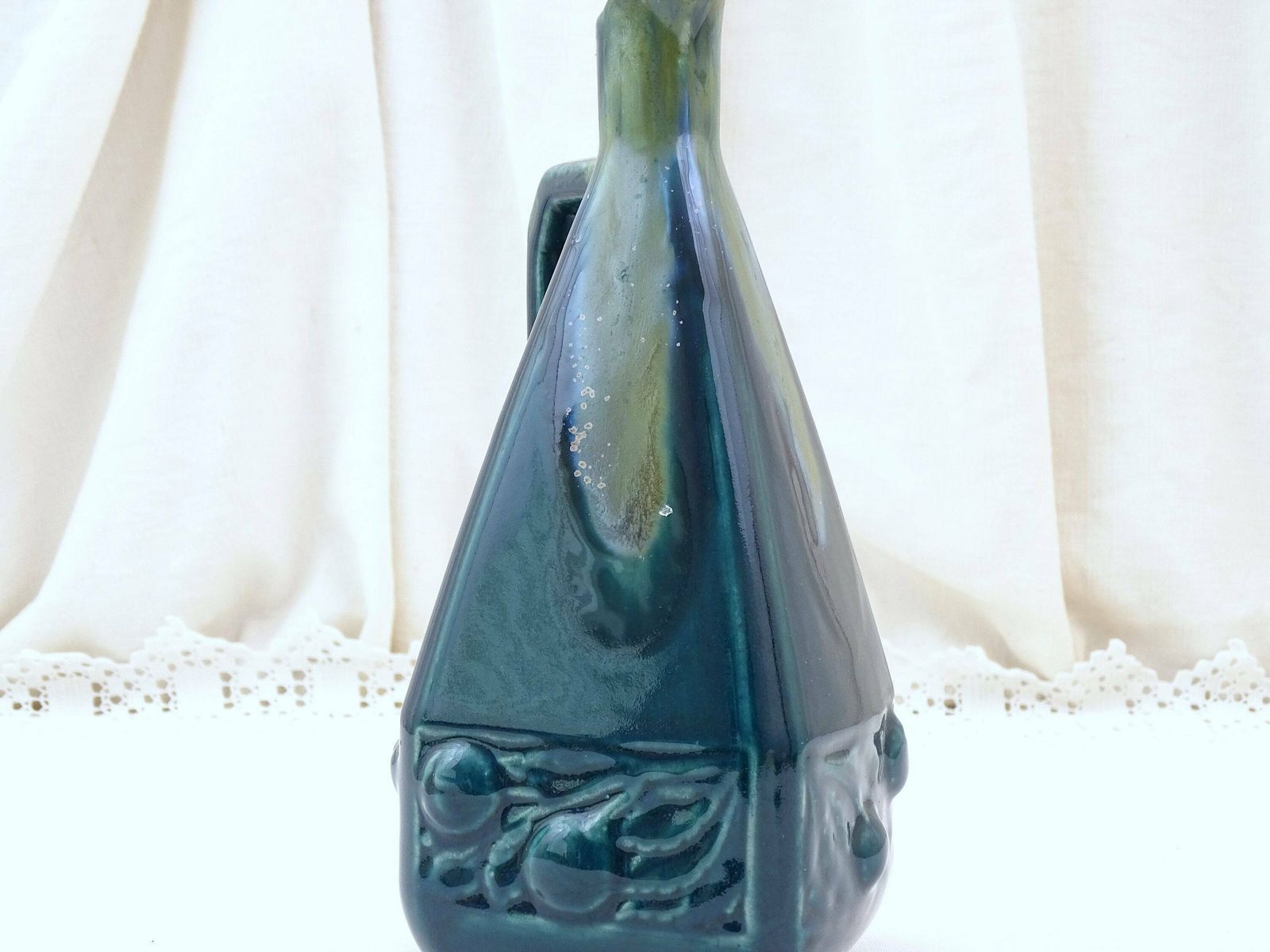 Antique French Denbac Ceramic Art Deco Decanter And Stopper In Blue Drip Glaze, Retro 1930s Pottery Pitcher From France, Teal Blue Jug photo 97.0