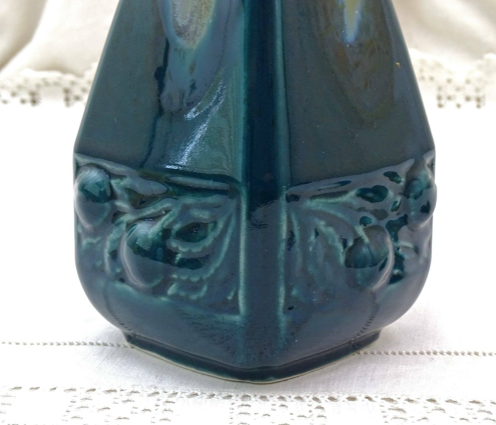 photo furniture Antique French Denbac Ceramic Art Deco Decanter And Stopper In Blue Drip Glaze, Retro 1930s Pottery Pitcher From France, Teal Blue Jug