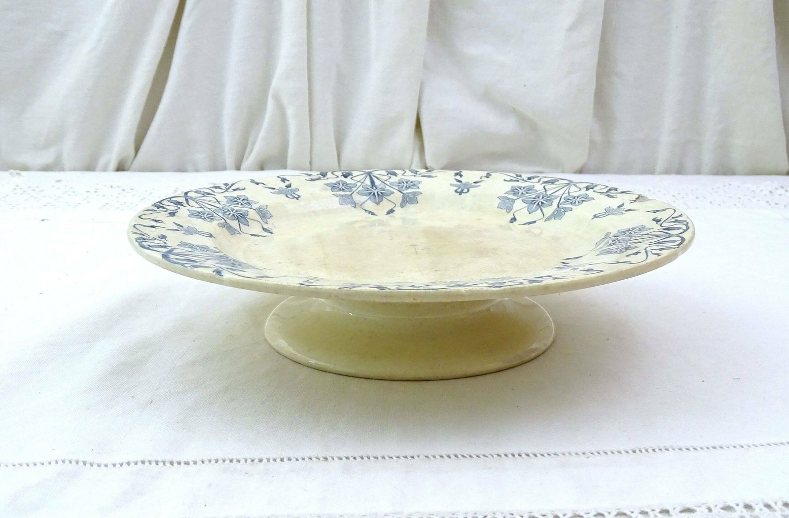 Antique French Ironstone Ceramic Comport Dish Porcelaine Opaque De Gien Terre De Fer Flower Pattern, Pedestal Cake Stand / Fruit Bowl