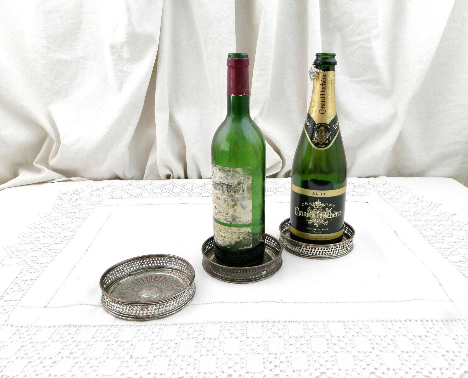 Set Of 3 Antique French 19th Century Silver Plated Wine Bottle Coasters, Shabby Chateau Chic Dinner Tableware, Brocante Parisian Decor
