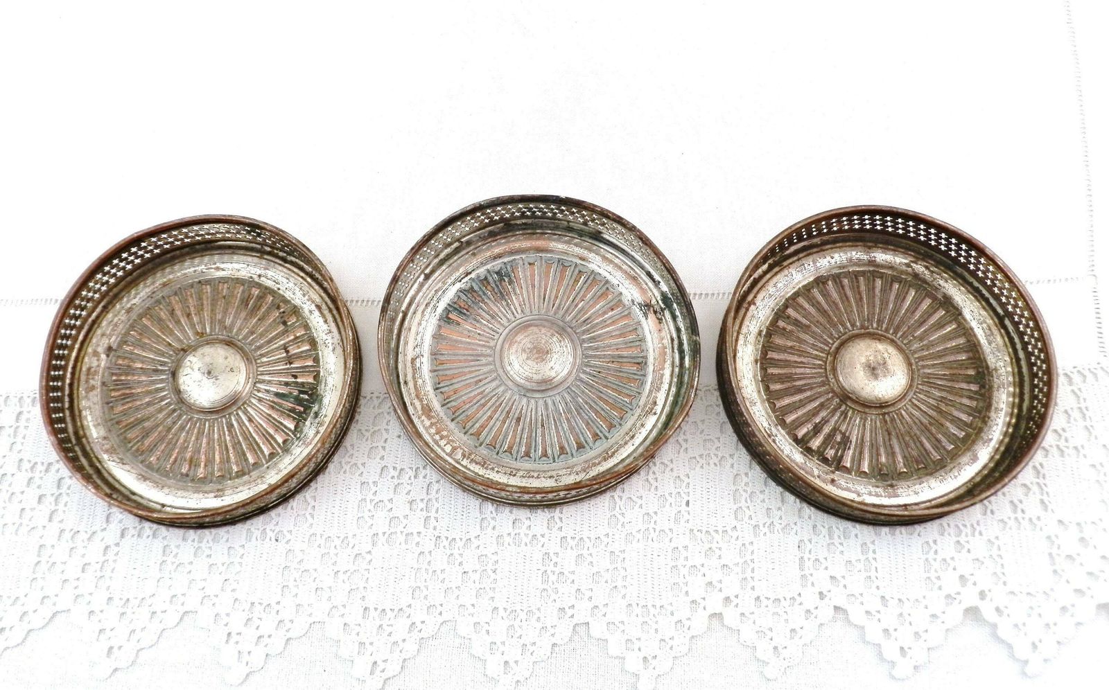 Set Of 3 Antique French 19th Century Silver Plated Wine Bottle Coasters, Shabby Chateau Chic Dinner Tableware, Brocante Parisian Decor photo furniture