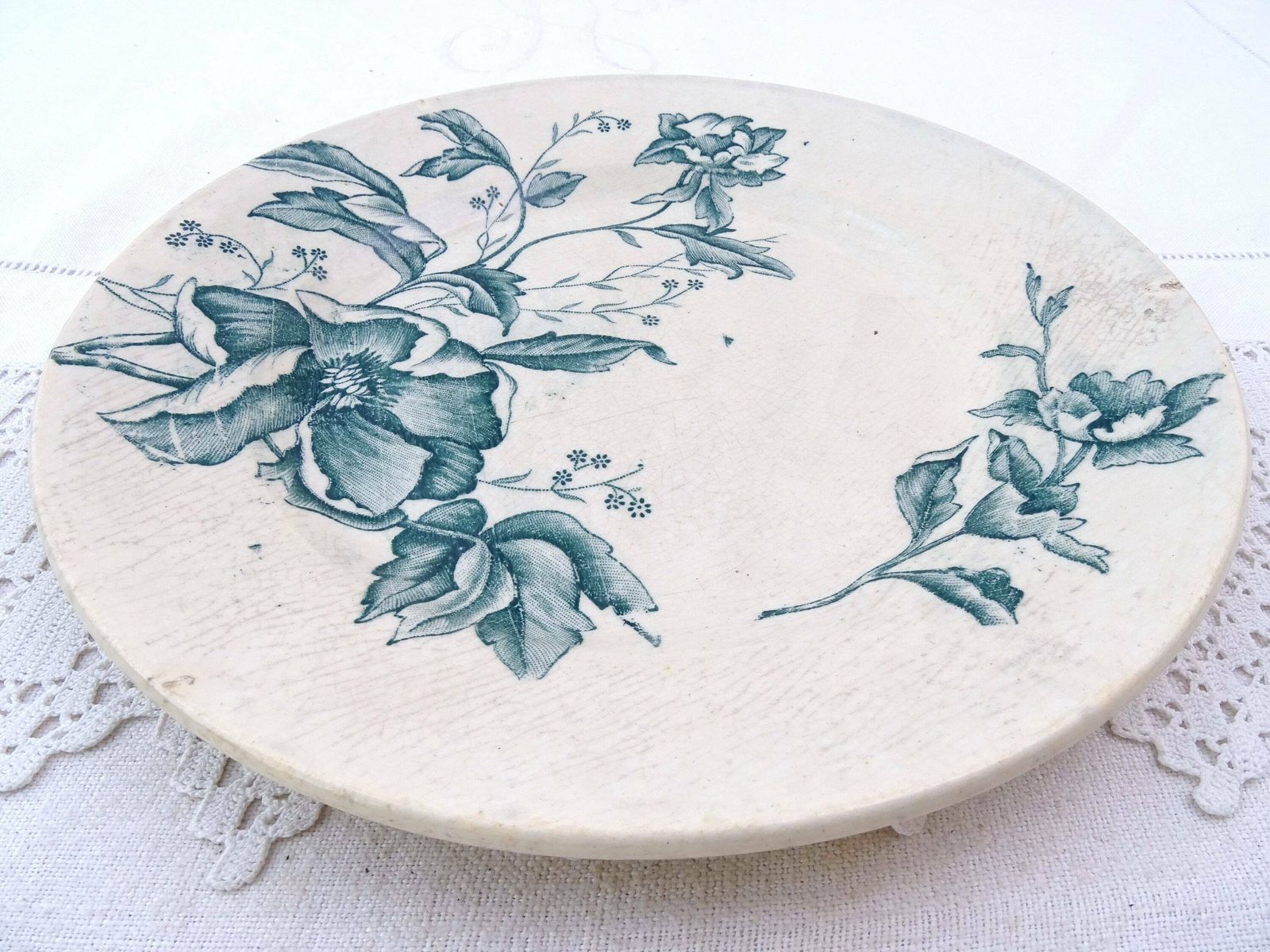2 Antique French Ironware Style Plates With Large Teal Blue Flower Pattern By Fl From The Range Rose De Noel, Vintage Ironstone Wall Plate photo 64.0