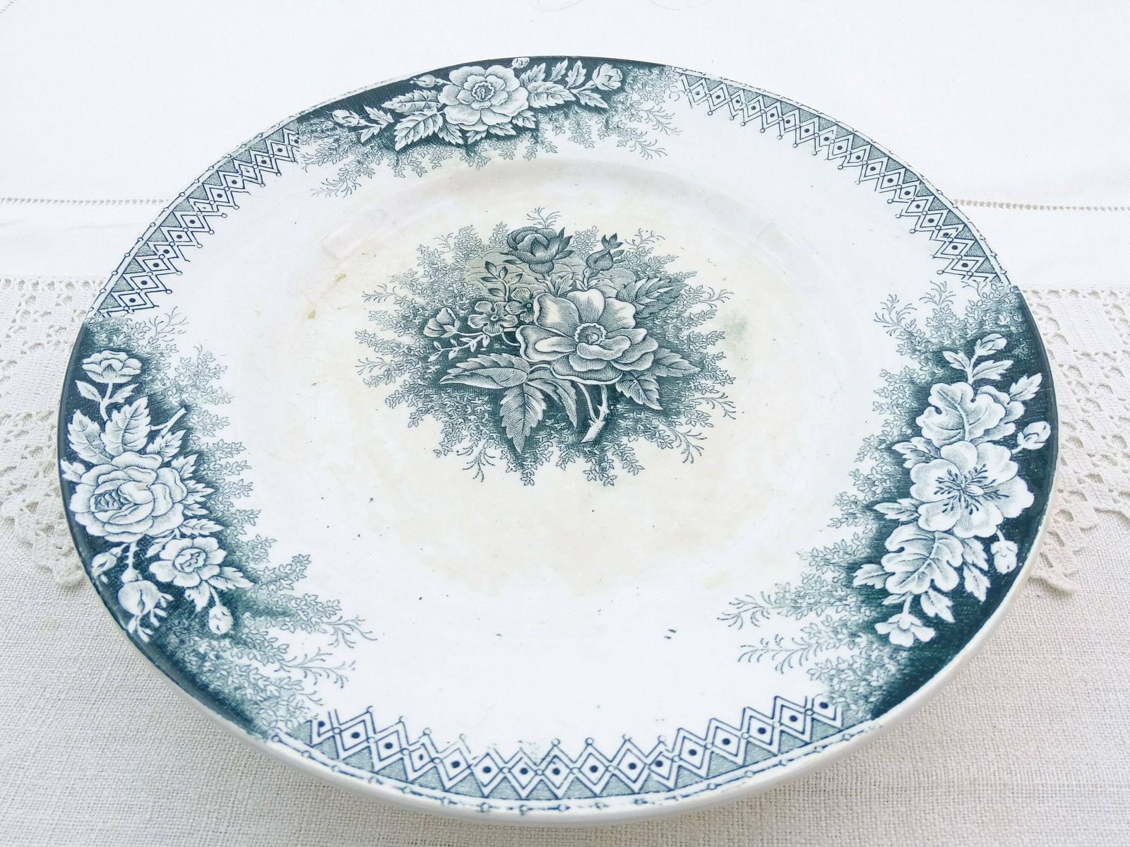 Antique French Ceramic Footed Cake Stand By St Amand From The Jardiniere Range With Rose Flower Pattern In Teel Blue, Pottery Tazza Dish photo vinterior