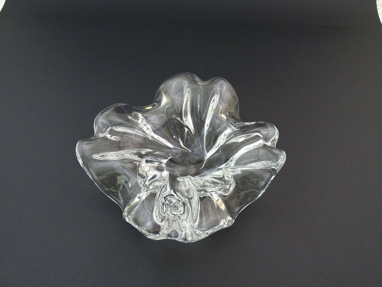 Large Heavy Mid Century Vintage Clear Crystal Art Glass Center Piece Dish, Retro 1960s Trinket Bowl Handmade Of Thick Glass, Table Decor photo for sale