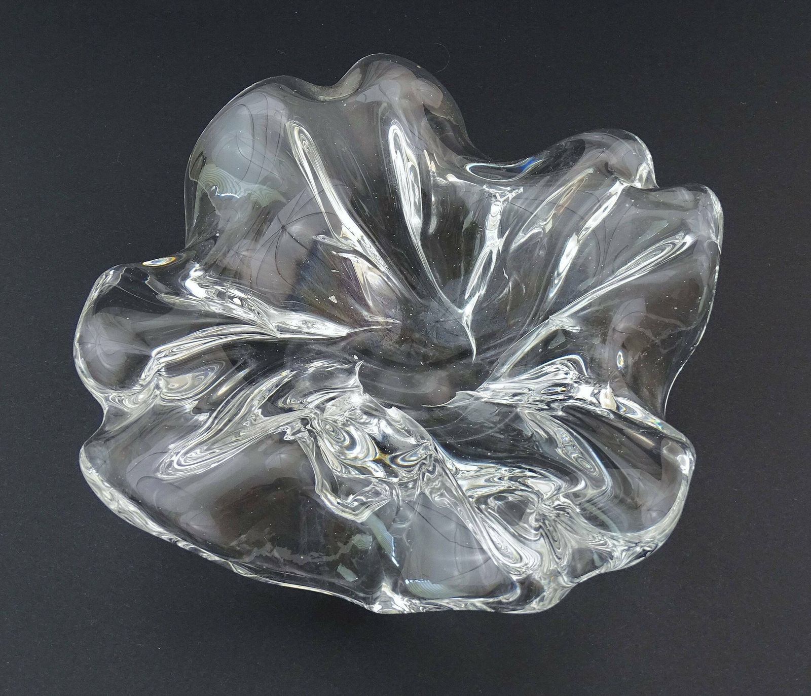 Large Heavy Mid Century Vintage Clear Crystal Art Glass Center Piece Dish, Retro 1960s Trinket Bowl Handmade Of Thick Glass, Table Decor photo buy