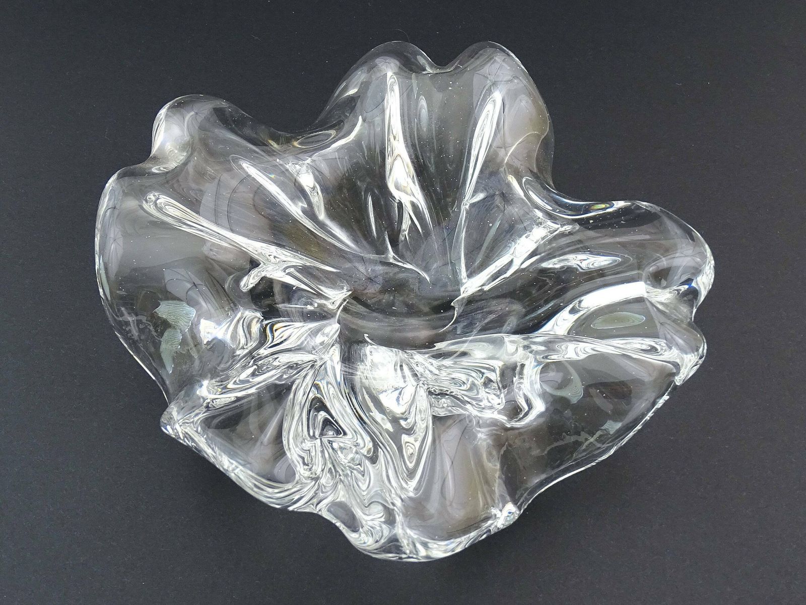 Large Heavy Mid Century Vintage Clear Crystal Art Glass Center Piece Dish, Retro 1960s Trinket Bowl Handmade Of Thick Glass, Table Decor photo vintage