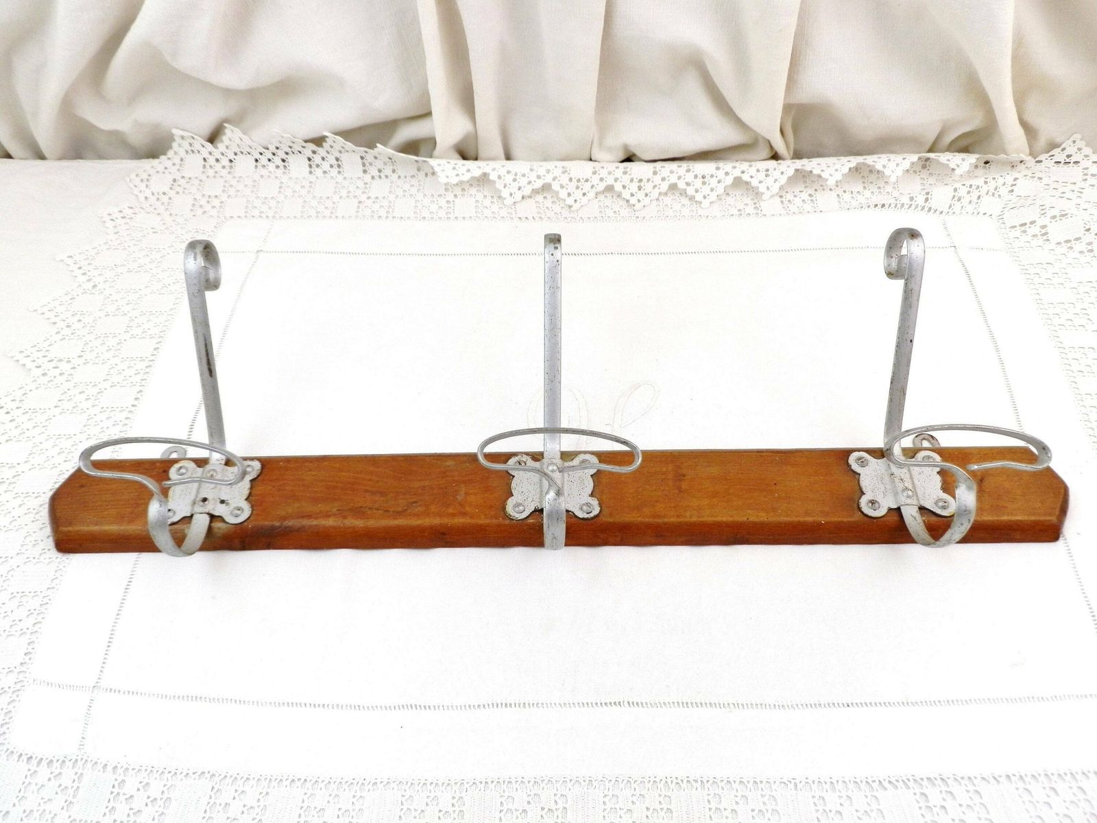 French Antique 3 Hook Coat And Hat Rack Made Of Wood And Metal, Country Farmhouse Entrance Clothes Fixture, Bathroom Accessory From France photo Home Decor