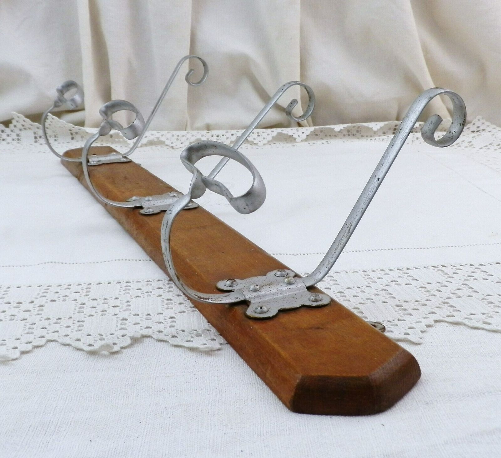 French Antique 3 Hook Coat And Hat Rack Made Of Wood And Metal, Country Farmhouse Entrance Clothes Fixture, Bathroom Accessory From France photo vintage