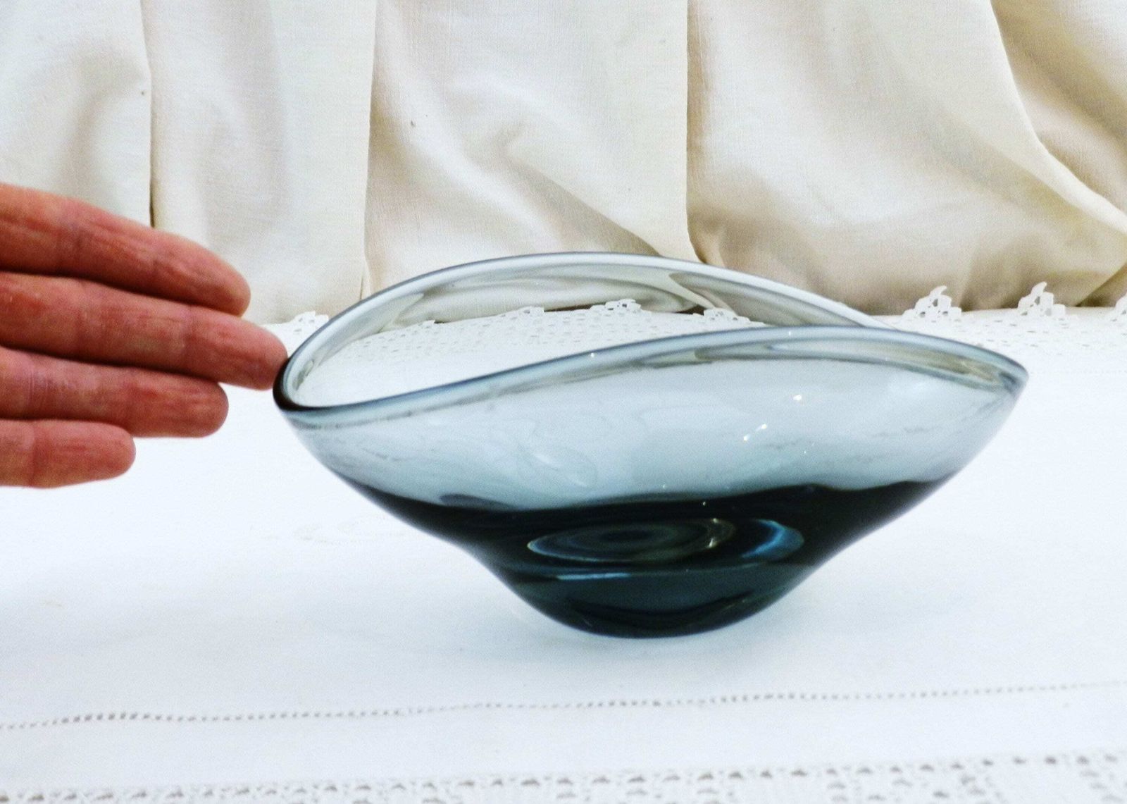 Vintage Mid Century Gray Glass Trinket Bowl In The Scadinavian Holmegaard Style, Retro 1960s Art Glass Vide Poche Dish, 60s Home Decor photo buy