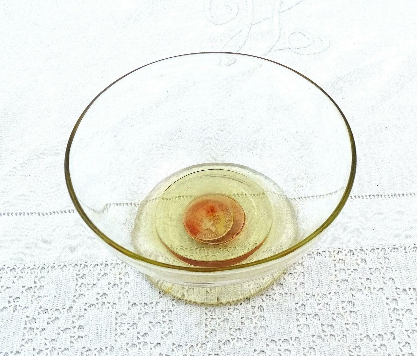 Vintage French Hand Blown Crystal Glass Footed Bowl With Collectible 2 Franc 1922 Commerce Et Industrie Coin Encased In The Base