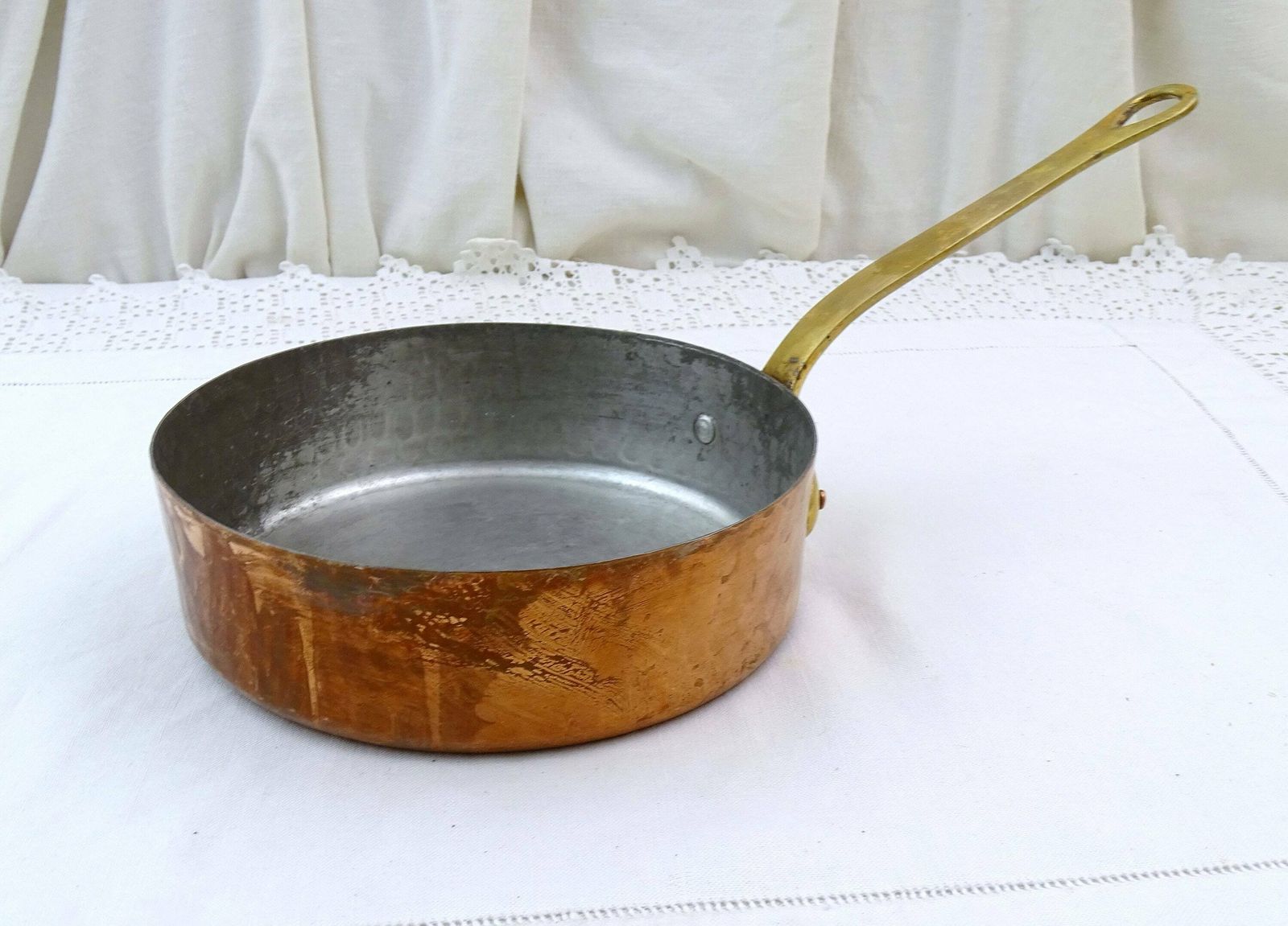 Vintage French Tin Lined Copper Skillet Made In Villedieu France, Retro Metal Cooking Saute Pan From France, Country Kitchen Frying Pan photo furniture