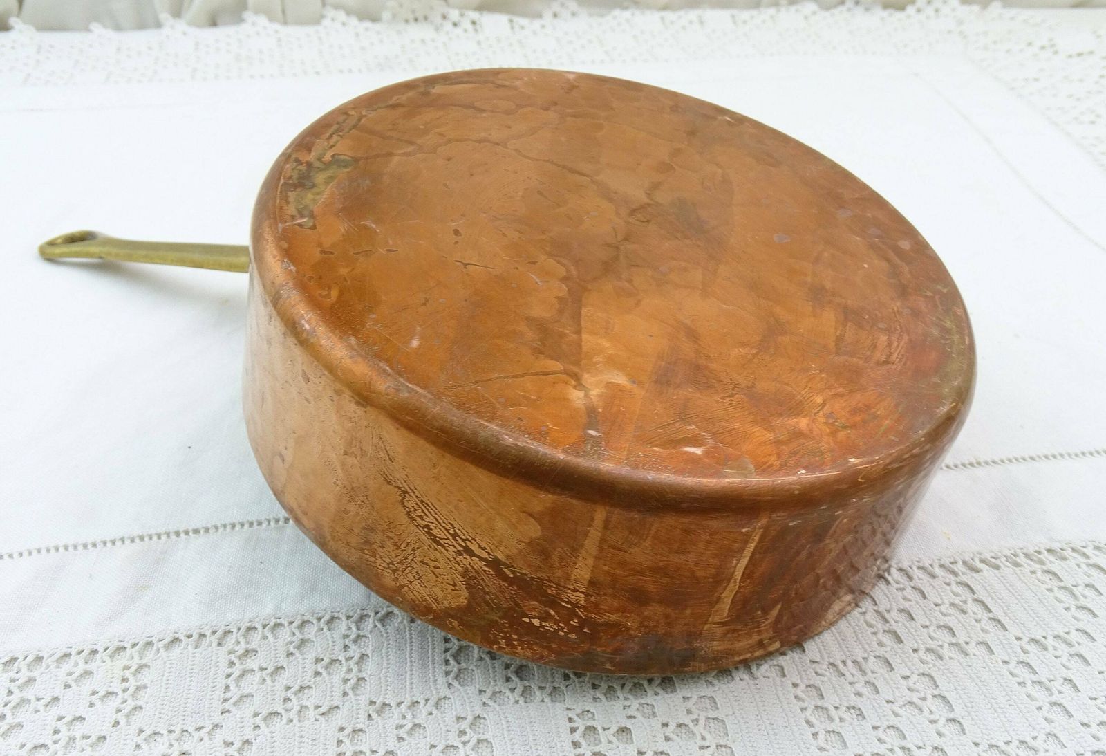 Vintage French Tin Lined Copper Skillet Made In Villedieu France, Retro Metal Cooking Saute Pan From France, Country Kitchen Frying Pan photo 77.0