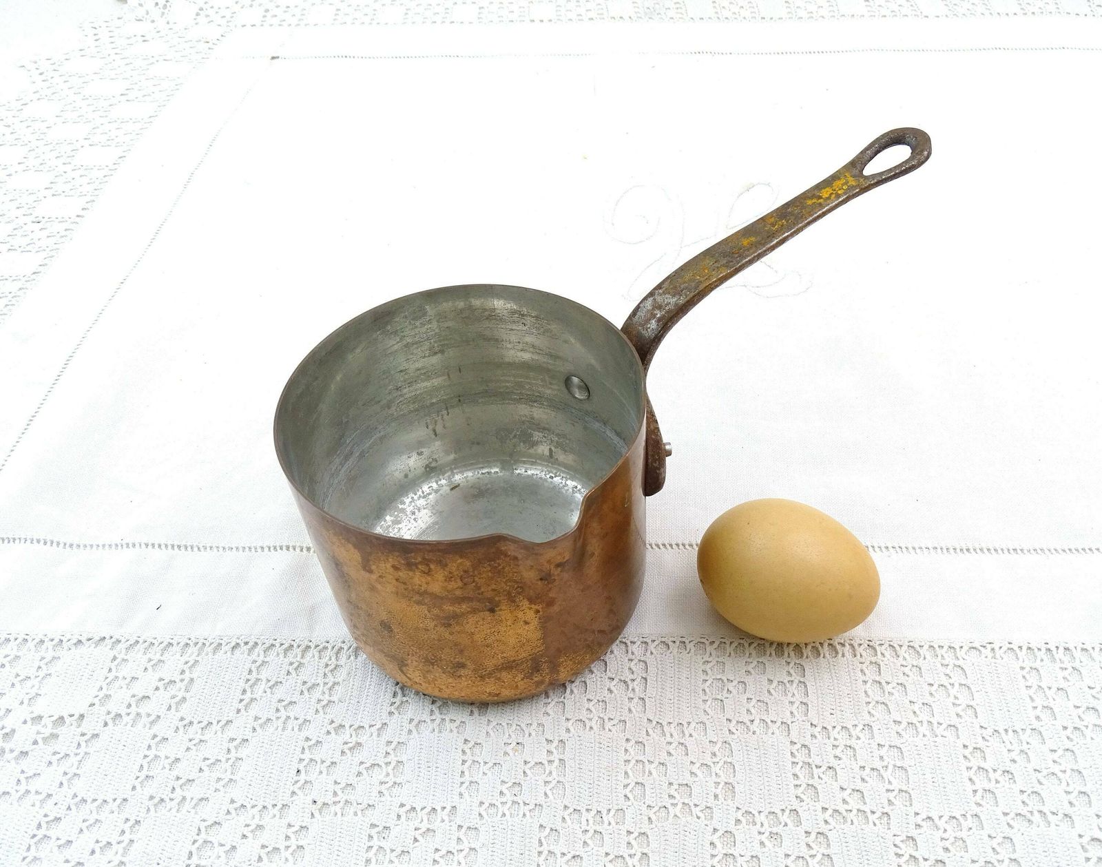 Small Vintage French Tin Lined Copper Cooking Pan Stamped Made In France With Cast Iron Handle, Kitchen Decor France, Chefs Cooking Gift