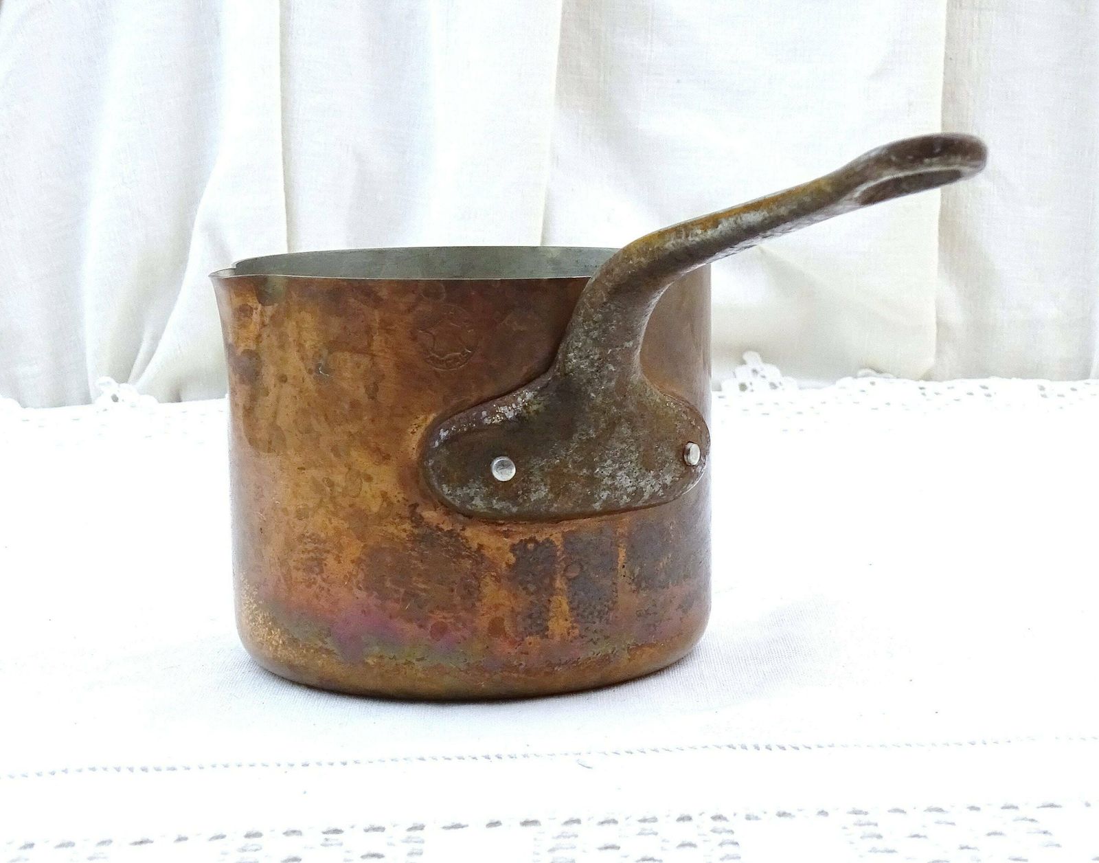 Small Vintage French Tin Lined Copper Cooking Pan Stamped Made In France With Cast Iron Handle, Kitchen Decor France, Chefs Cooking Gift photo for sale