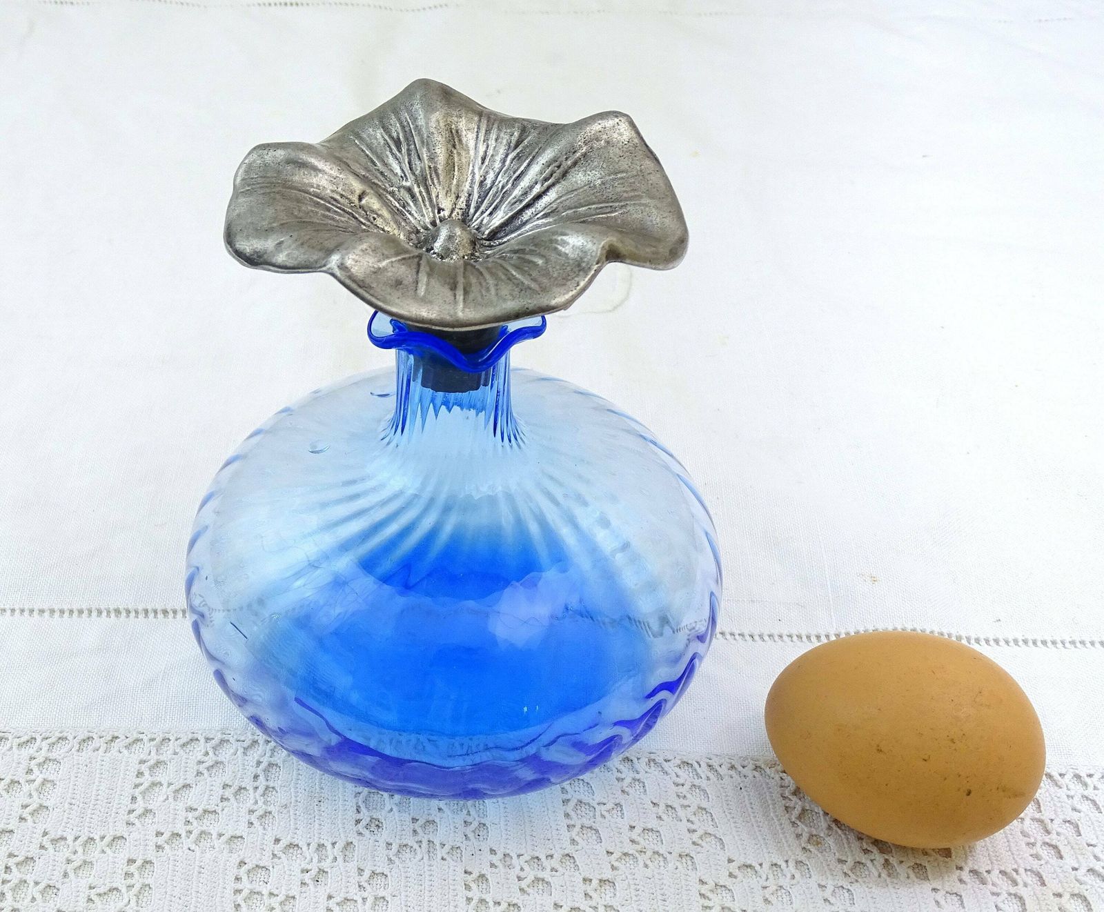 Vintage French Blue Glass Eau De Cologne Bottle With Pewter Flower Stopper, Retro Boudoir Scent Container With Floral Metal Lid From France photo 75.0