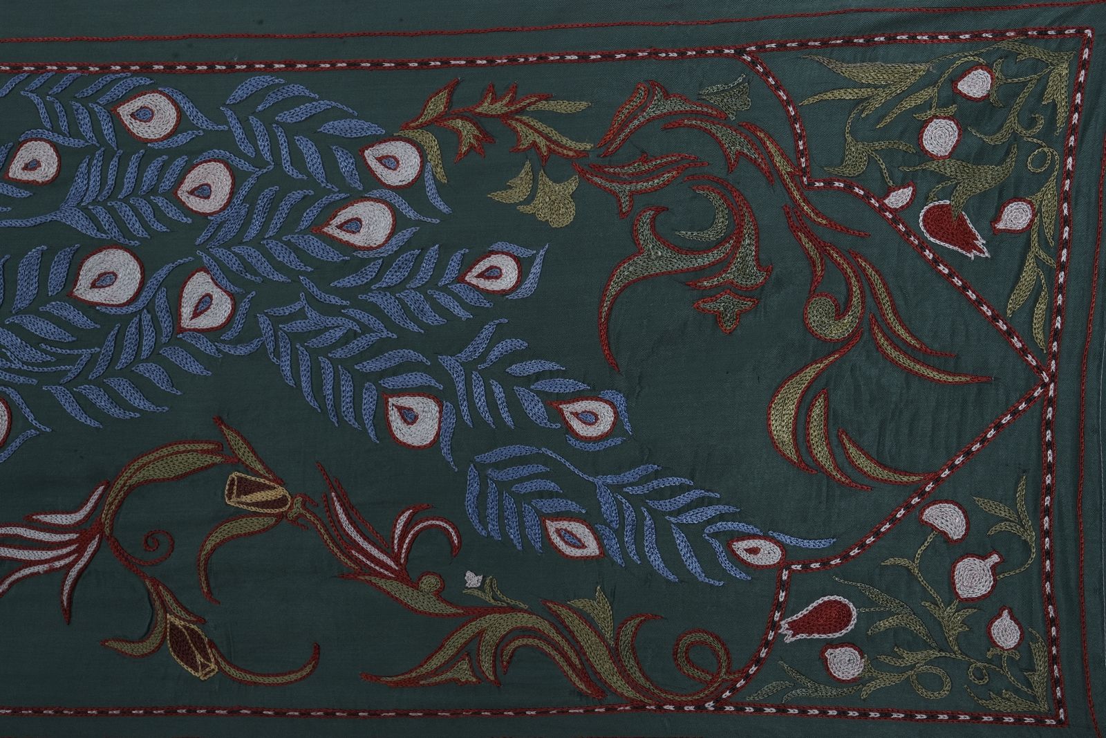 Green Suzani Wall Hanging   Embroidered Peacock Design Textile Art   Silk Cotton Blend Bukhara Runner 1'8'' X 6' photo furniture