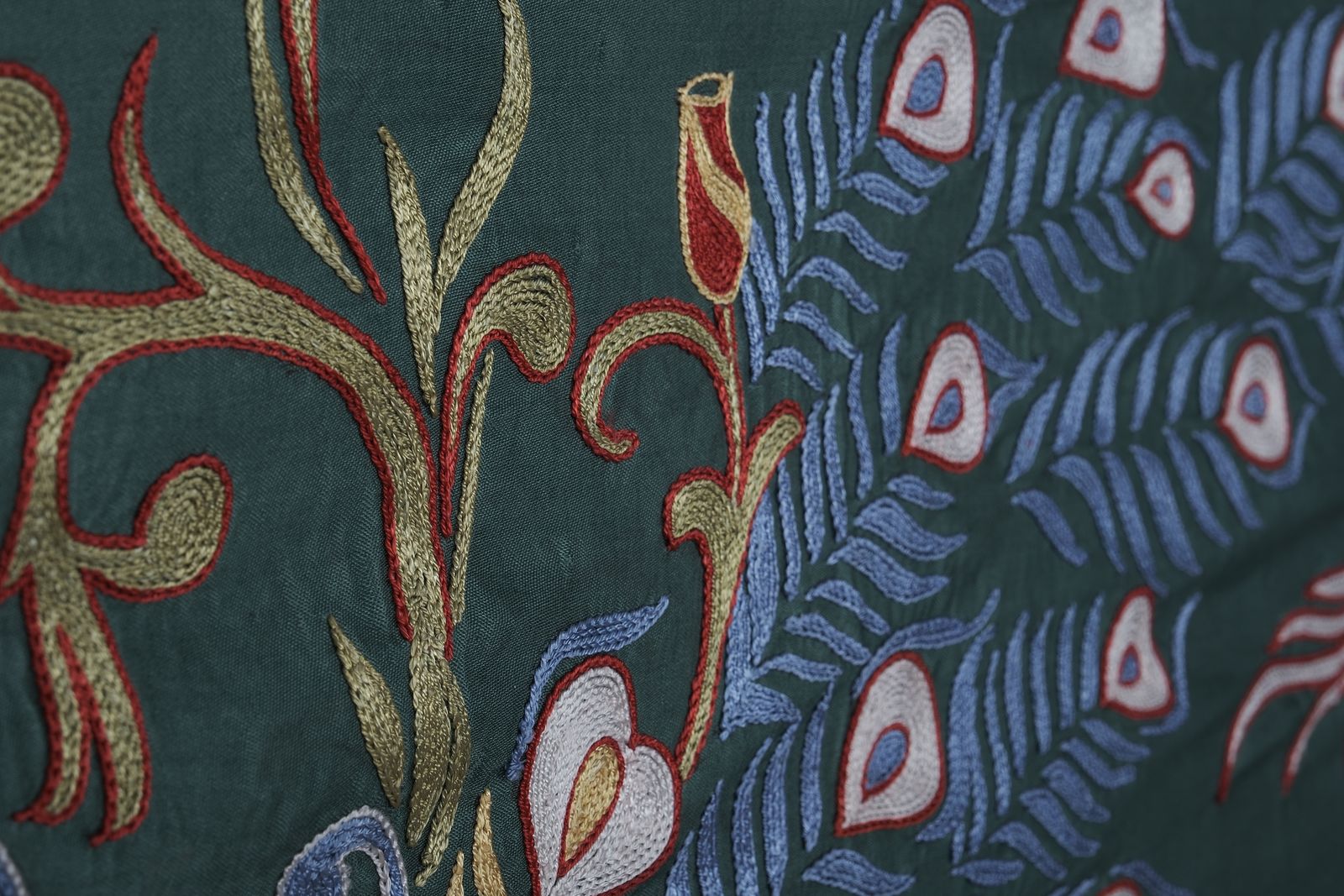 Green Suzani Wall Hanging   Embroidered Peacock Design Textile Art   Silk Cotton Blend Bukhara Runner 1'8'' X 6' photo buy