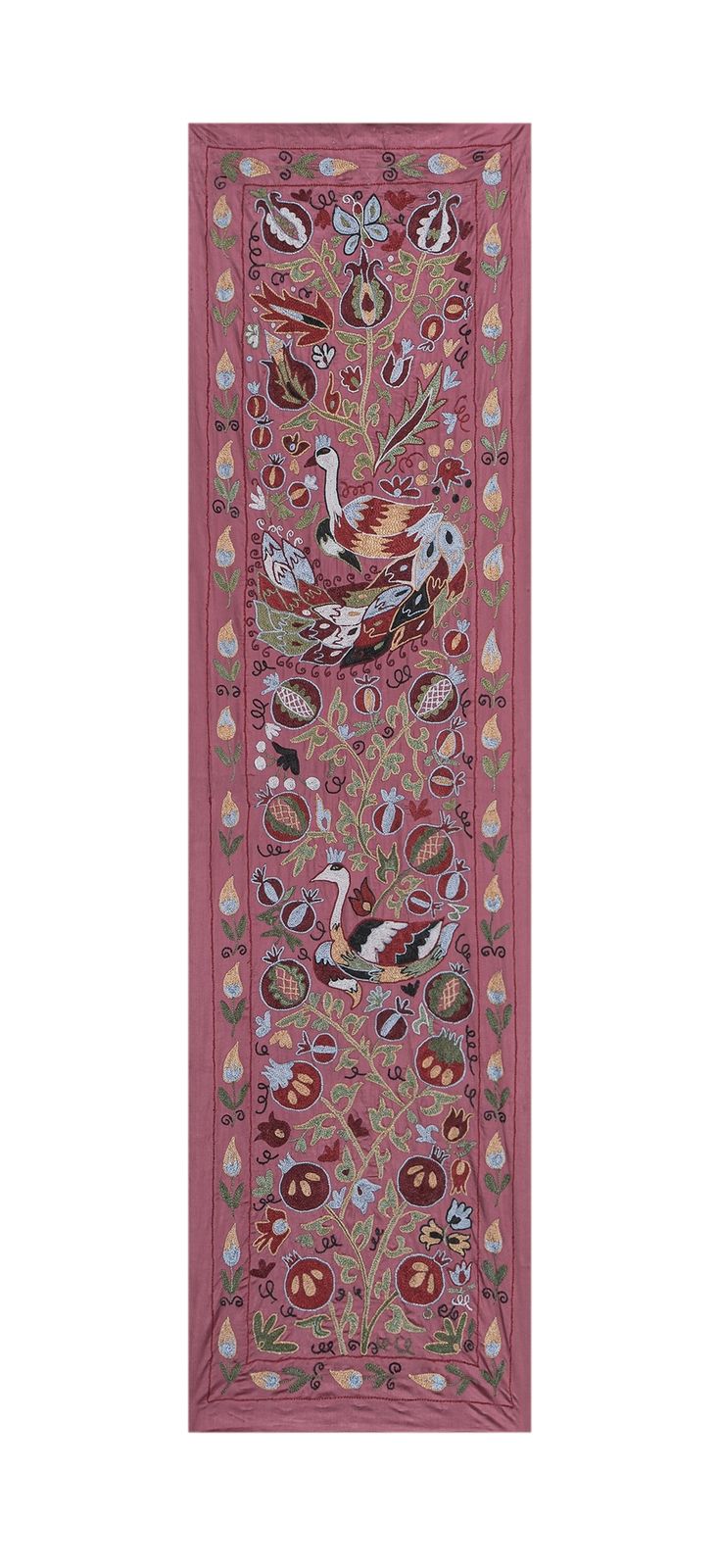 Handmade Pink Suzani Wall Hanging   Embroidered Floral And Bird Design Wall Decor 1'8'' X 6'1''