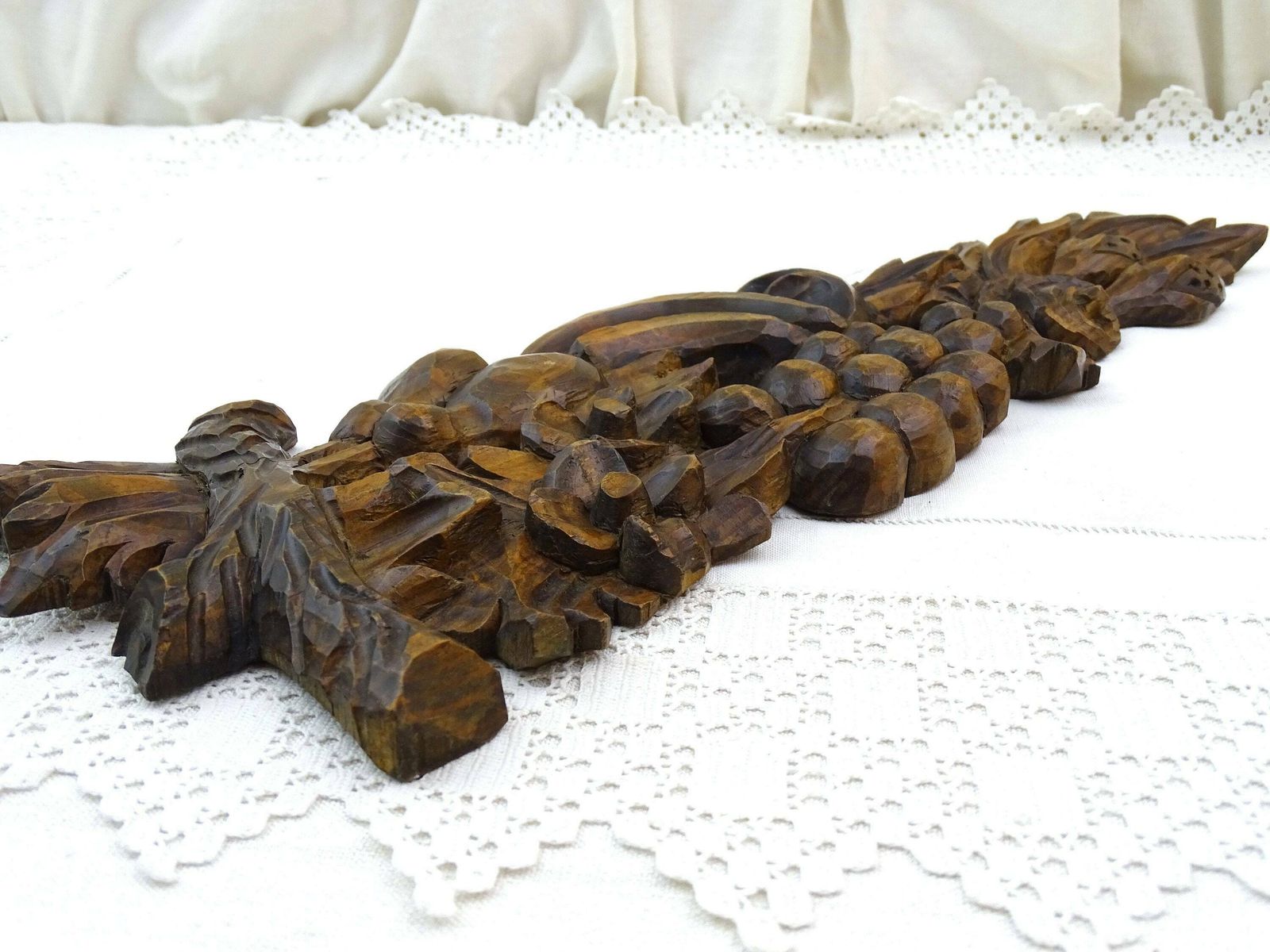 Antiek Frans Gesneden Wandpaneel Met Oogstmotief – Druiven, Peren En Bloemen In Gebeitst Hout, Vintage Houten Paneel Met Fruitdecoratie Uit Frankrijk photo vinterior