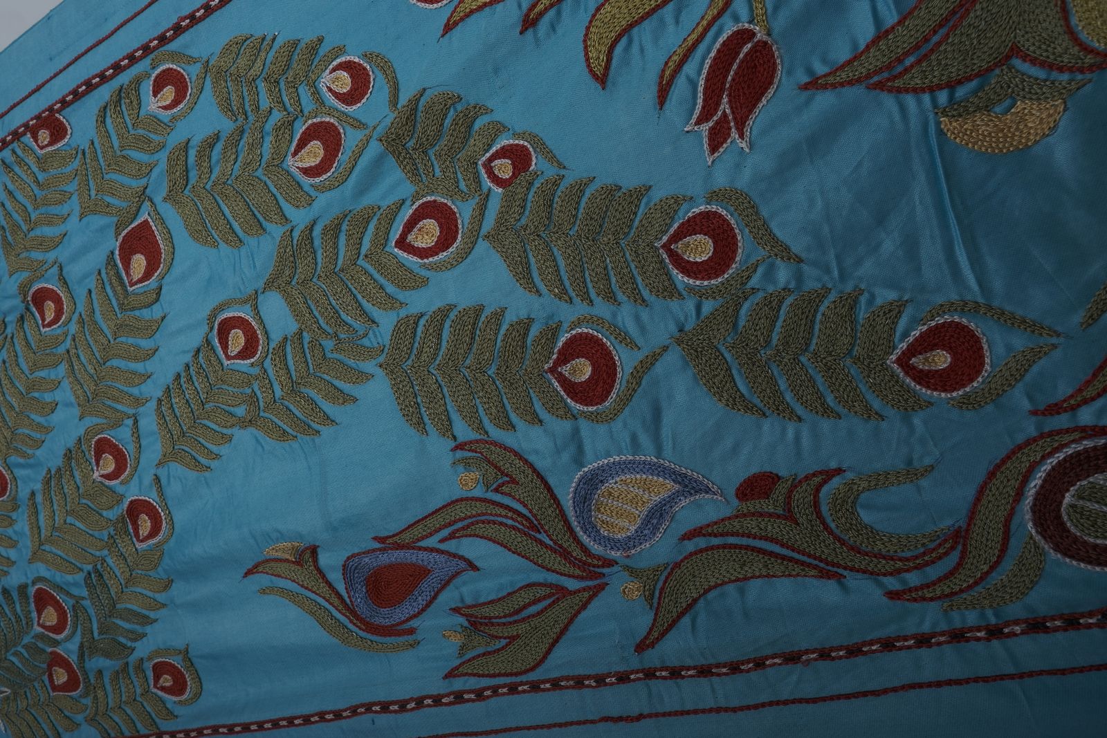 Blue Suzani Wall Hanging   Silk Peacock And Pictorial Embroidered Decorative Textile 1'8'' X 6'1'' photo Textiles