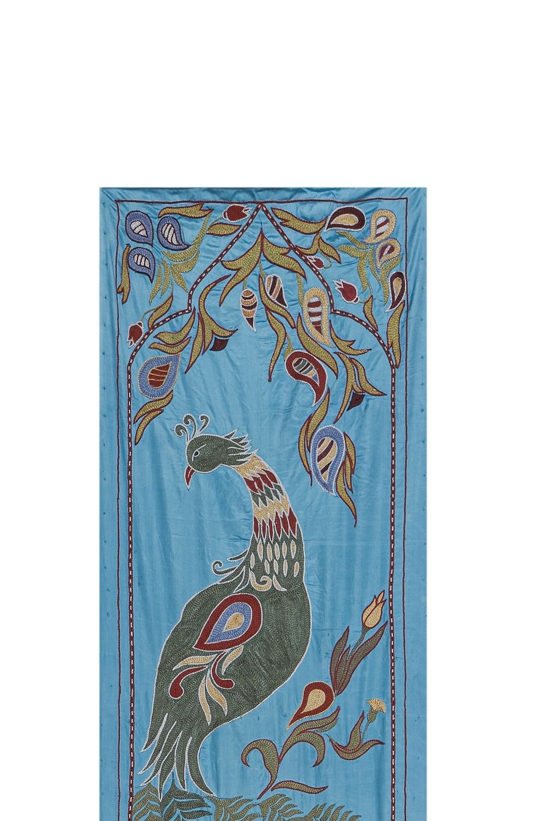 Blue Suzani Wall Hanging   Silk Peacock And Pictorial Embroidered Decorative Textile 1'8'' X 6'1'' photo buy