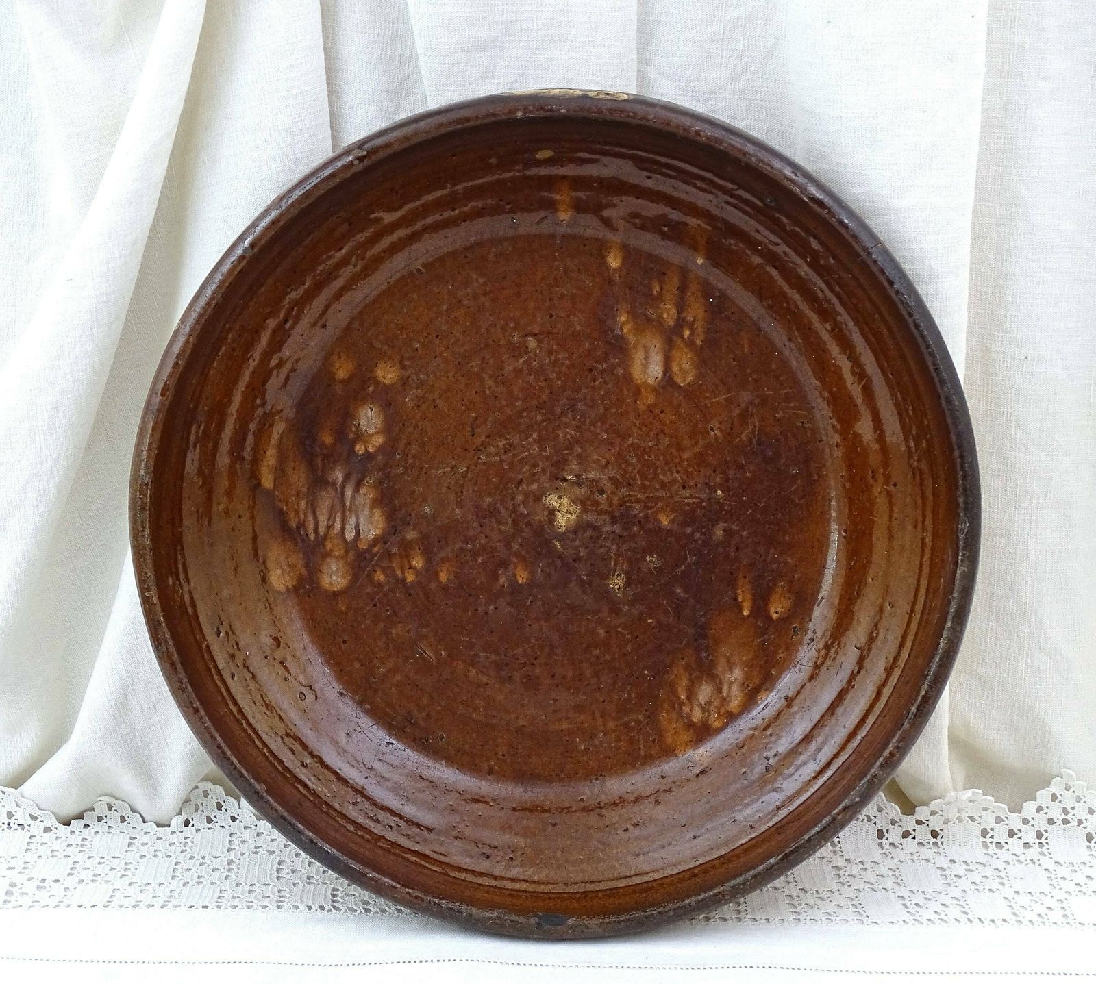 Very Large Antique French Primitive Earthenware Round Dish, Vintage Upcycled Pottery Fruit Dish, Country Farmhouse Kitchen Decor From France photo furniture