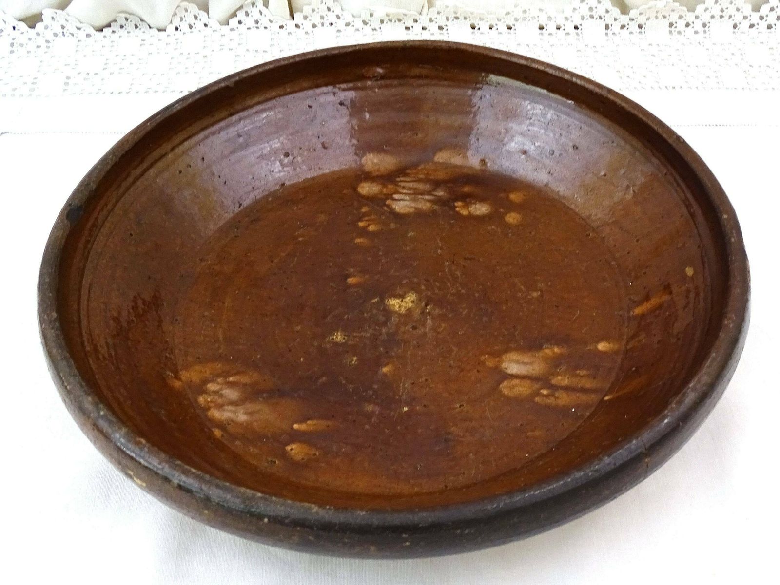 Very Large Antique French Primitive Earthenware Round Dish, Vintage Upcycled Pottery Fruit Dish, Country Farmhouse Kitchen Decor From France photo vinterior