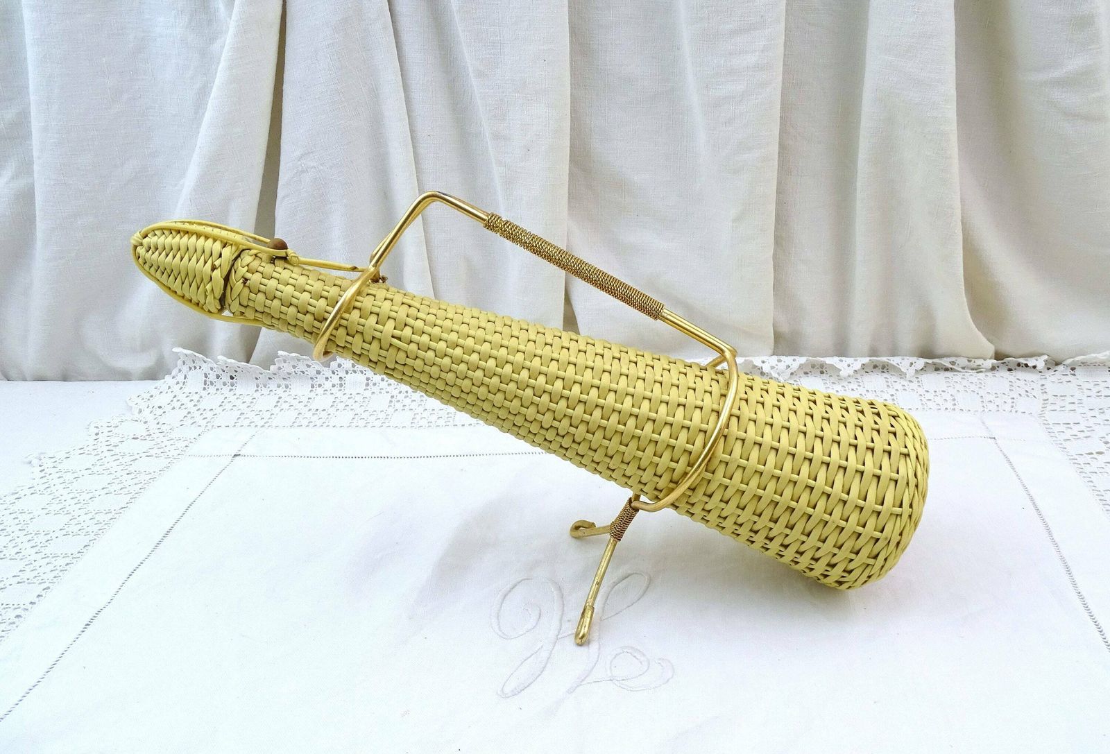 Vintage Mid Century Viresa Bottle Bottle With Stand, Retro Woven Wine Bottle With Anodized Metal Holder From Italy, 1960s Dinner Table photo Home Decor