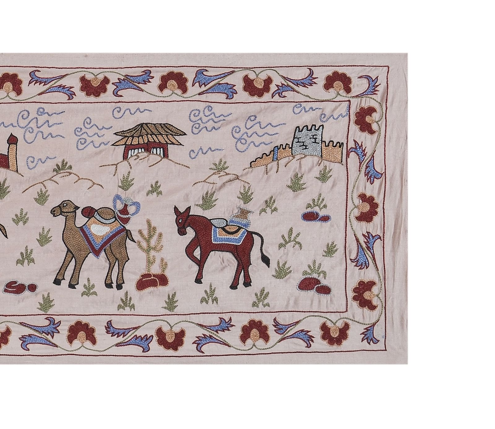Boho Suzani Wall Hanging   Handmade Embroidery Featuring Camels And Desert Scenery 1'8'' X 6'2'' photo Textiles