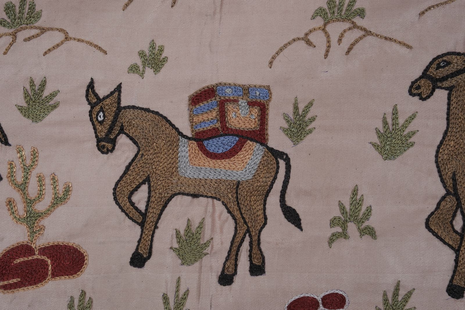 Boho Suzani Wall Hanging   Handmade Embroidery Featuring Camels And Desert Scenery 1'8'' X 6'2'' photo vintage