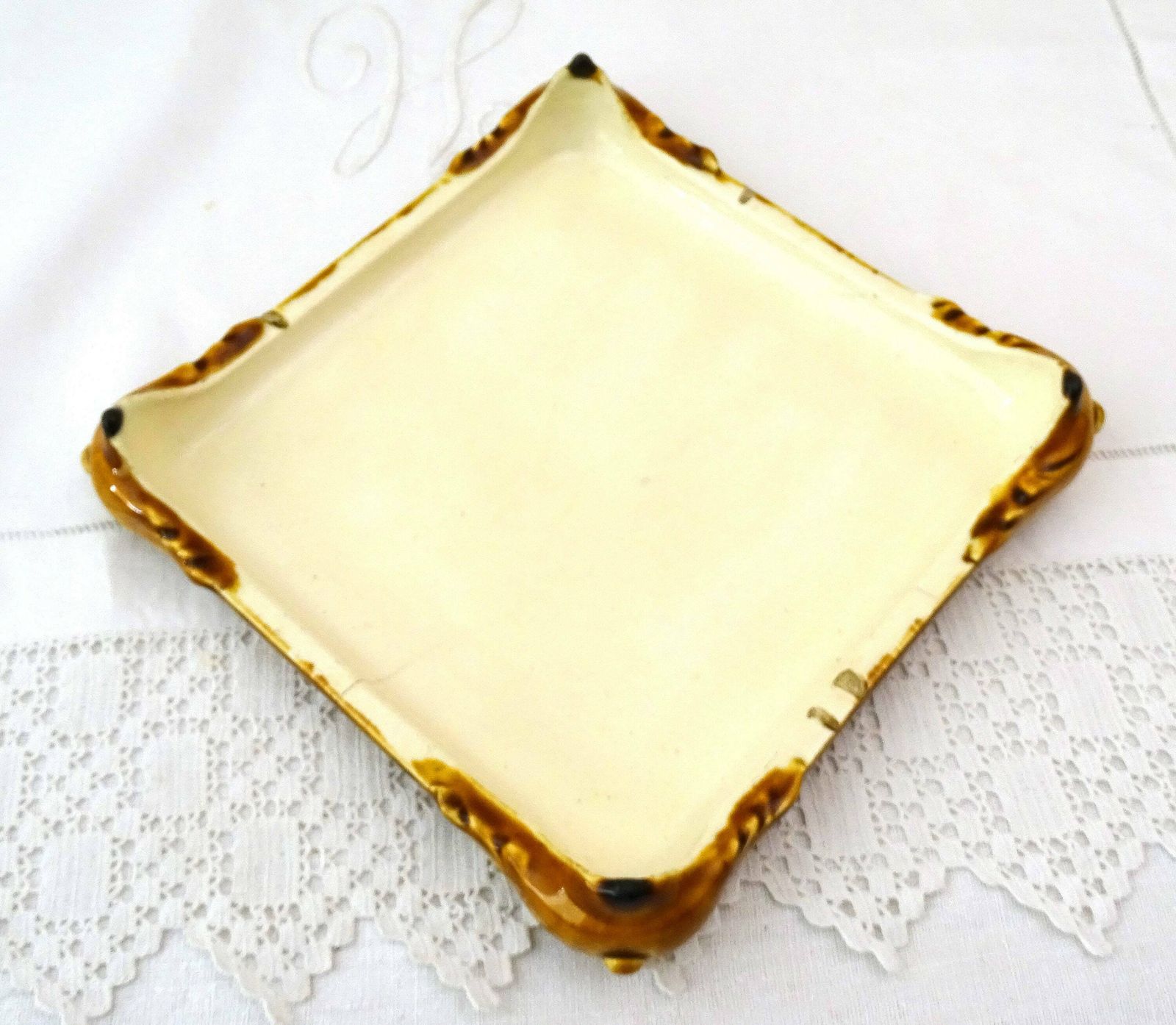 Rare Large Antique French Square Majolica Pottery Table Trivet In Green Tones And Golden Brown With Arts And Crafts Style Tile Pattern photo vinterior