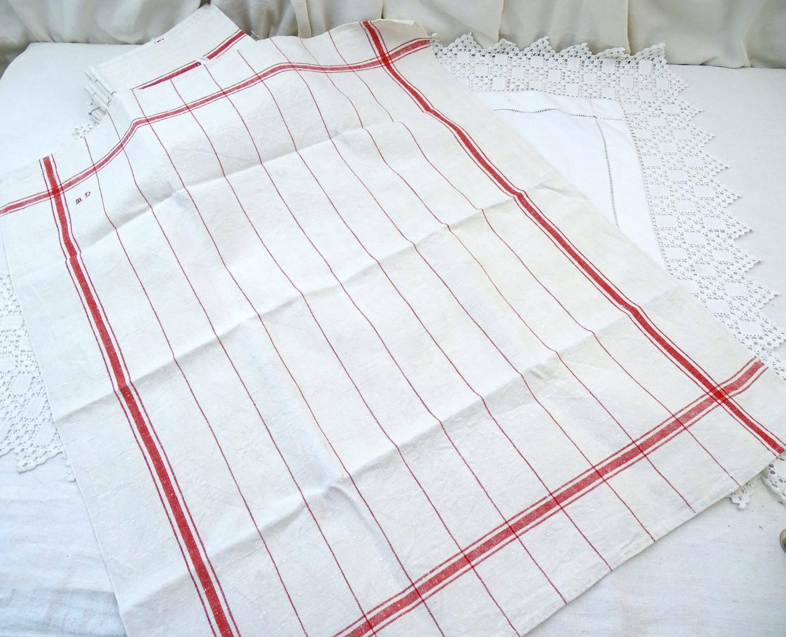 Set Of 6 Vintage French Traditional Cotton Tea Towels With Red Banding And Monogram, Retro Country Cottage Farmhouse Kitchen Cloth France photo furniture