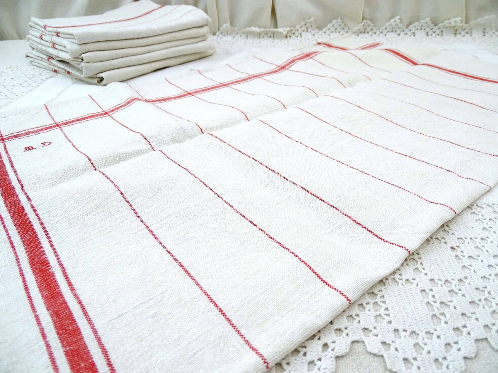 Set Of 6 Vintage French Traditional Cotton Tea Towels With Red Banding And Monogram, Retro Country Cottage Farmhouse Kitchen Cloth France photo vinterior