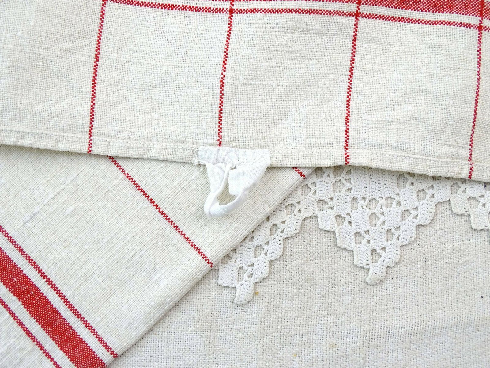 Set Of 6 Vintage French Traditional Cotton Tea Towels With Red Banding And Monogram, Retro Country Cottage Farmhouse Kitchen Cloth France photo vintage