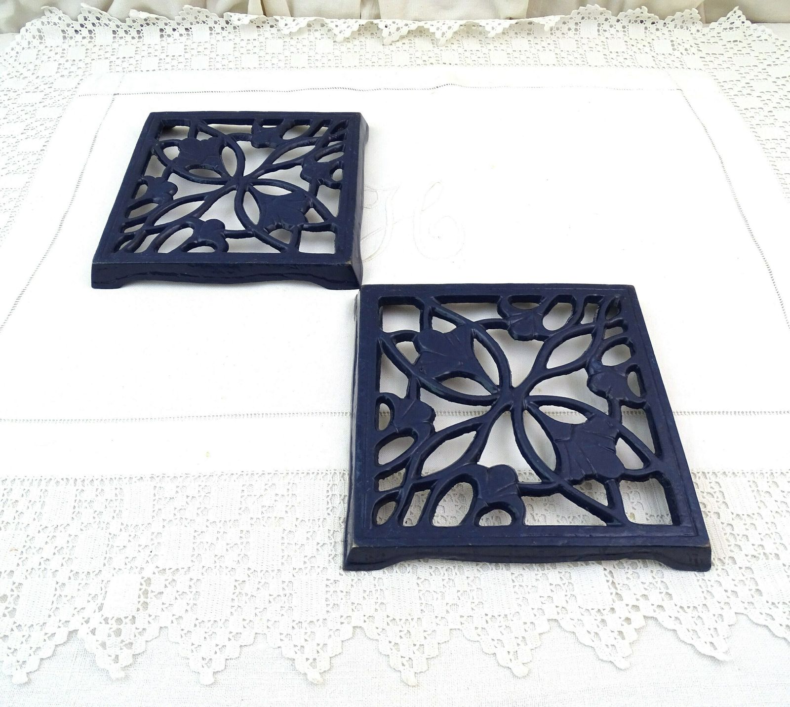 Pair Of Matching Vintage French Dark Blue Enamelware Square Kitchen Trivets, 2 Of The Same Heat Mats Made Of Enameled Cast Iron Metal France