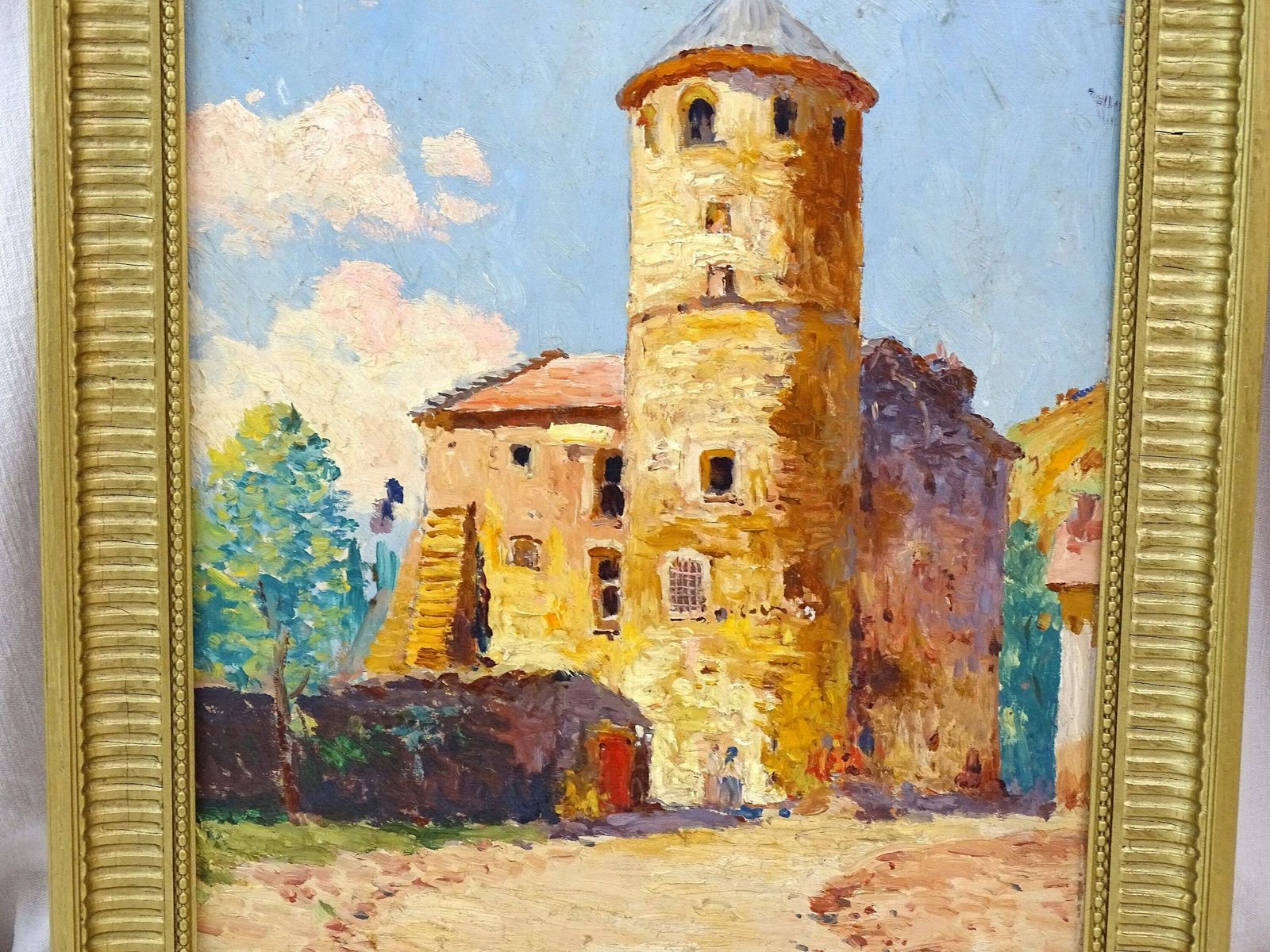 Vintage Olieverfschilderij Op Paneel Van Een Stenen Kasteltoren, Door De Franse Kunstenaar Louis Ricon – Impressionistisch Landschapstafereel Uit Frankrijk photo furniture