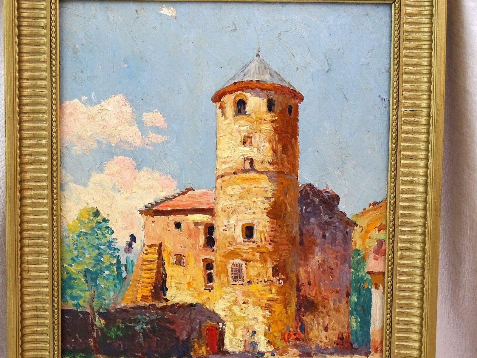 Vintage Olieverfschilderij Op Paneel Van Een Stenen Kasteltoren, Door De Franse Kunstenaar Louis Ricon – Impressionistisch Landschapstafereel Uit Frankrijk photo for sale