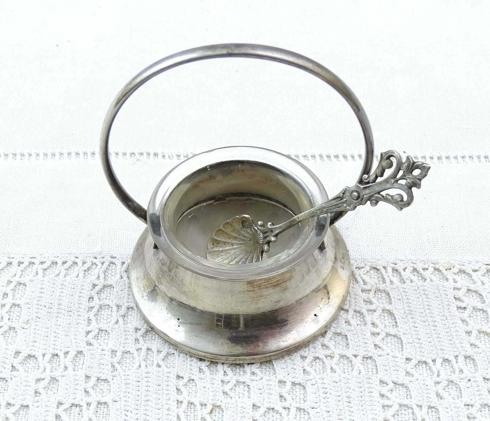 Small Antique French Condiment Serving Bowl With Sterling Silver Spoon, Retro Classy Tableware From France, Vintage Salt Mustard Dish