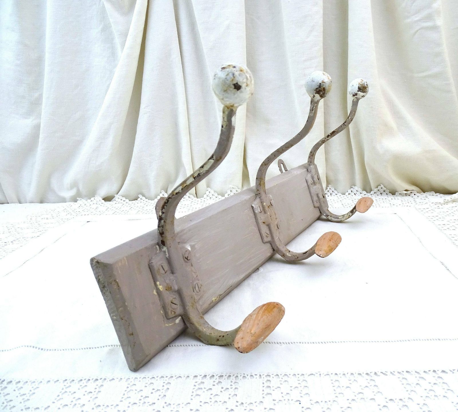 Vintage French 3 Hook Metal Coat And Hat Rack On Wooden Mount In Gray Chalk Paint, Vintage Clothes Hanging Storage Accessory From France photo furniture