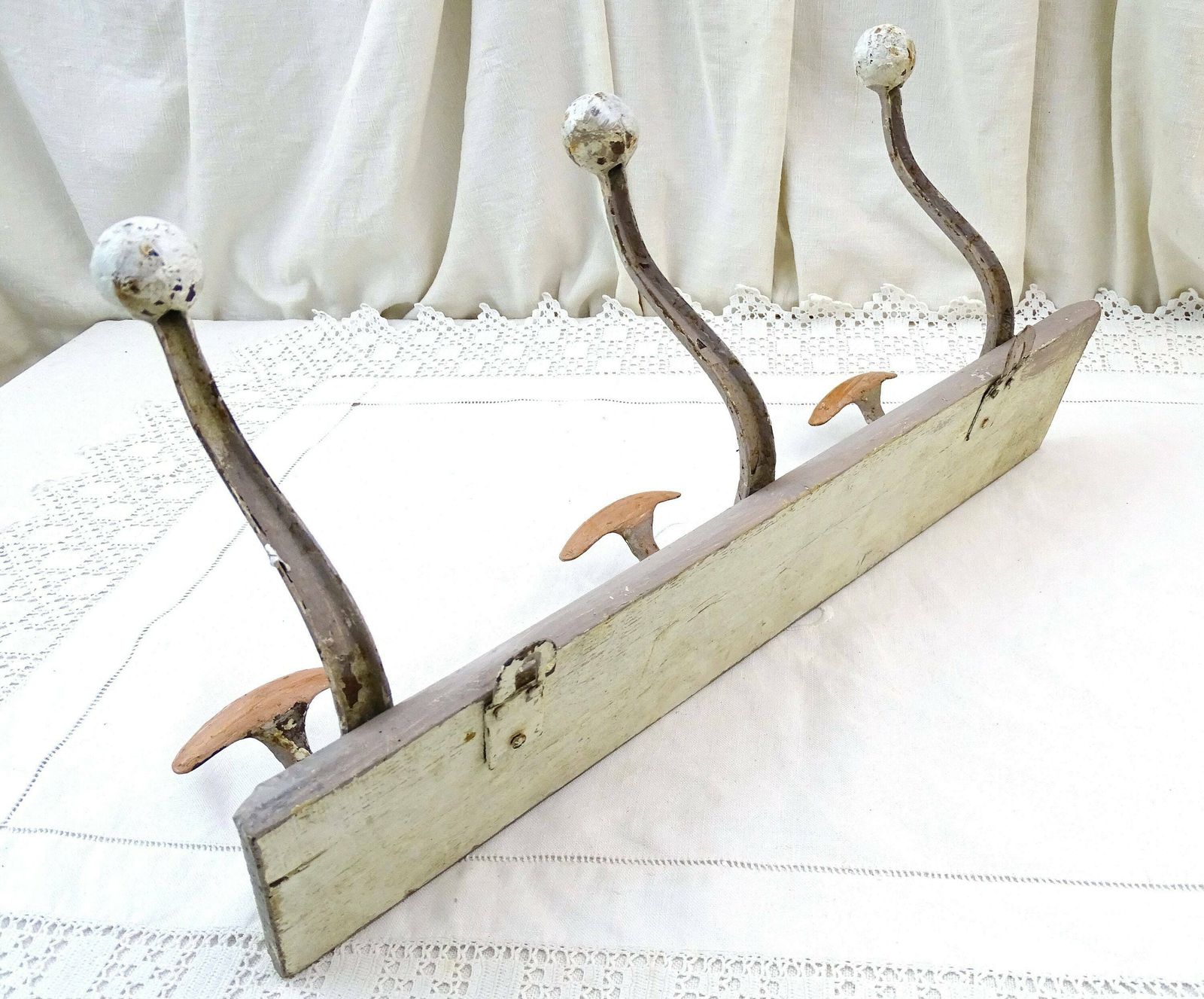 Vintage French 3 Hook Metal Coat And Hat Rack On Wooden Mount In Gray Chalk Paint, Vintage Clothes Hanging Storage Accessory From France photo 84.0