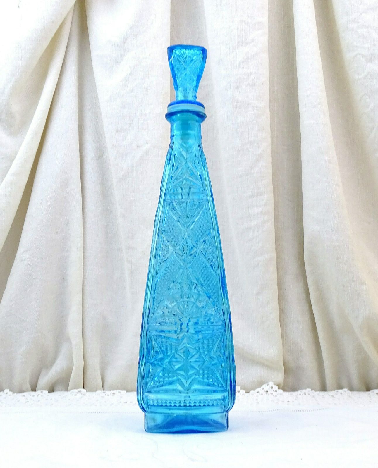 Large Tall Vintage Italian Empoli Genie Style Mid Century 1960s Blue Cut Glass Decanter With Stopper, Retro European Glassware Carafe Bottle photo furniture