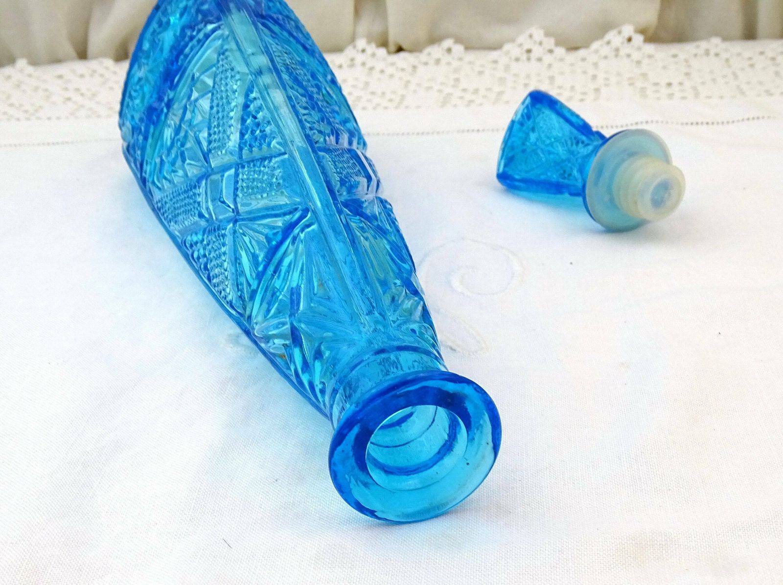 Large Tall Vintage Italian Empoli Genie Style Mid Century 1960s Blue Cut Glass Decanter With Stopper, Retro European Glassware Carafe Bottle photo vintage