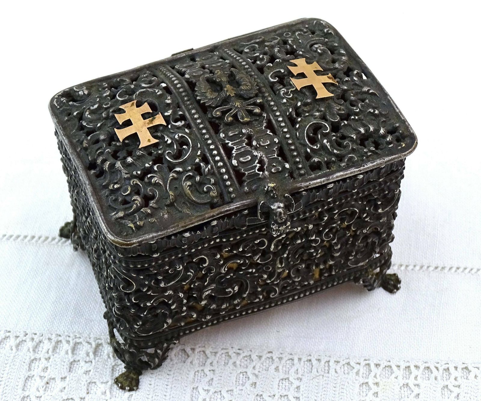 Antique French Silver Plated Lotharingien Jewelry Box With Red Padded Satin Lining And The Loraine Cross In Gold Tone Metal, Rare Curio Box