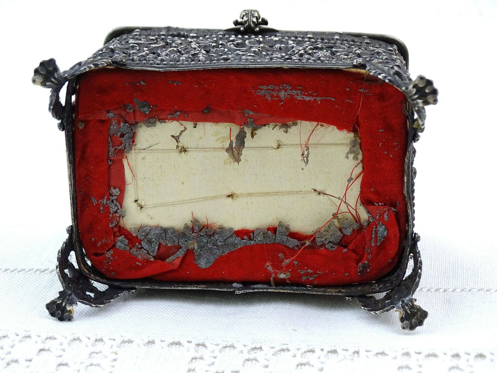 Antique French Silver Plated Lotharingien Jewelry Box With Red Padded Satin Lining And The Loraine Cross In Gold Tone Metal, Rare Curio Box photo 80.0