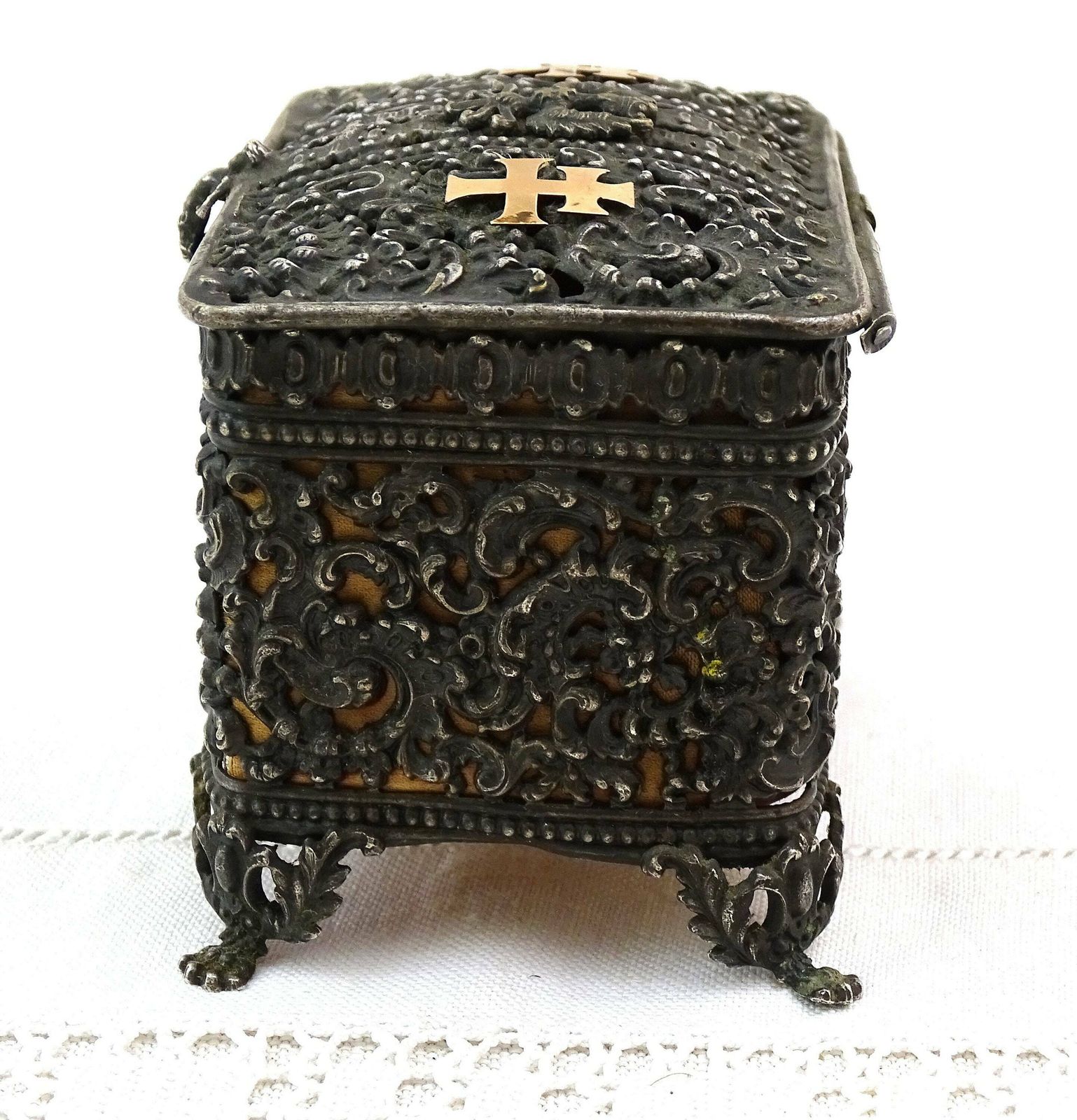 Antique French Silver Plated Lotharingien Jewelry Box With Red Padded Satin Lining And The Loraine Cross In Gold Tone Metal, Rare Curio Box photo buy