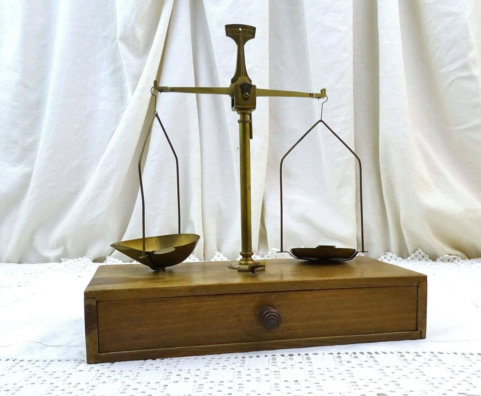 Antique French Brass Equal Arm Beam Balances With Wooden Draw, Vintage Apothecary And Analytical Scales From France, Old Style Gem Scale photo furniture