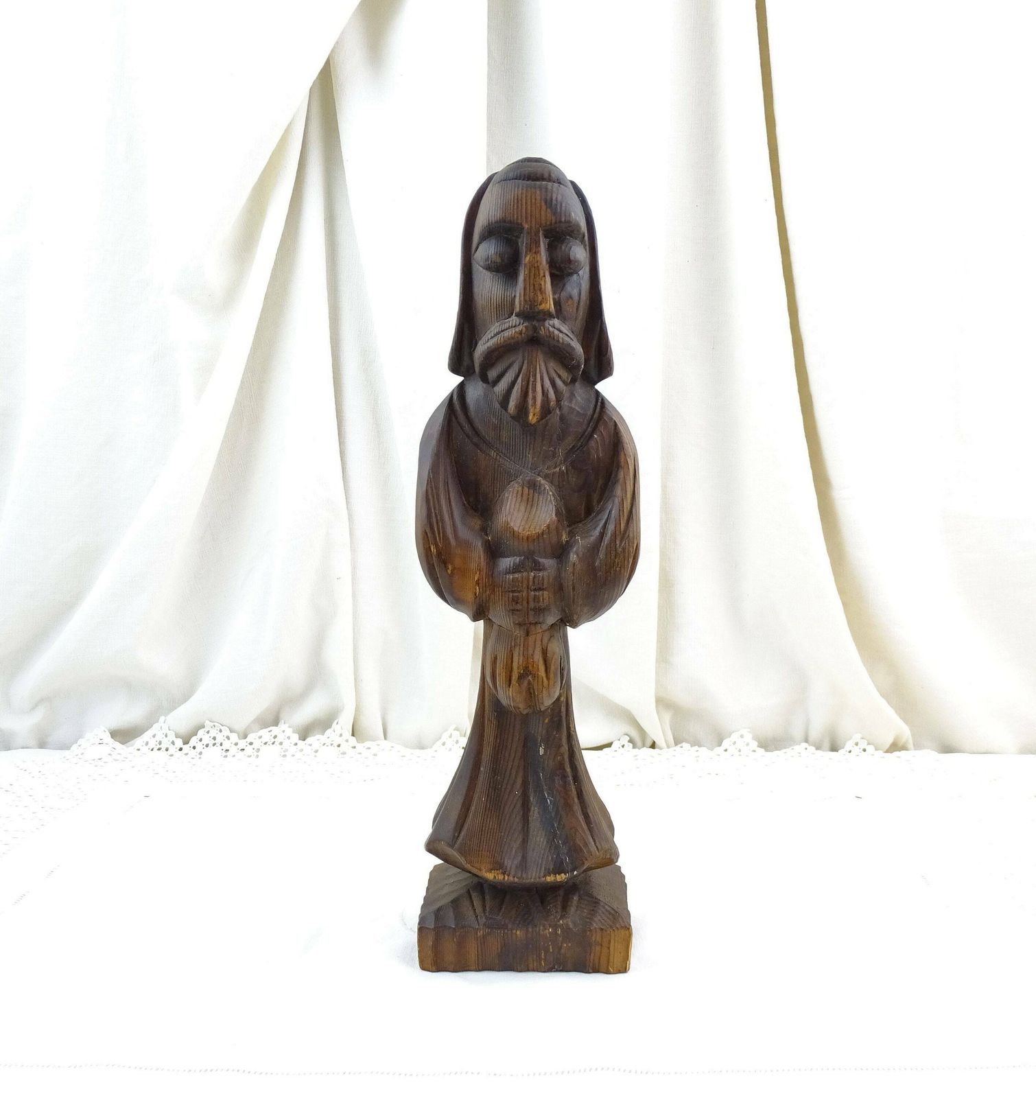 French Vintage 1960s Carved Wooden Sculpture Of Old Wise Man, Retro Sculpture Made Of Wood From France, Medieval Style Druid Art Piece