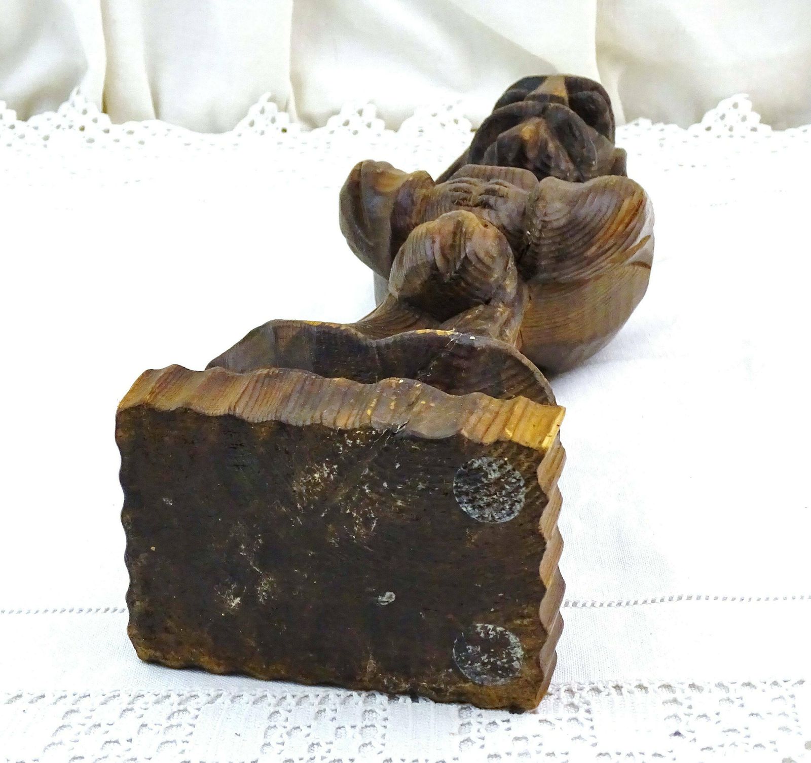 French Vintage 1960s Carved Wooden Sculpture Of Old Wise Man, Retro Sculpture Made Of Wood From France, Medieval Style Druid Art Piece photo vinterior