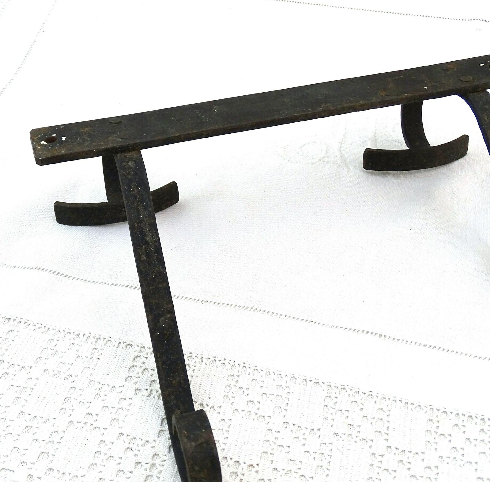 Vintage French Forged Metal Wall Mounted Coat Rack With 2 Hooks With Textured Surface, Retro Clothes Storage From France, Blacksmith Item photo 64.0